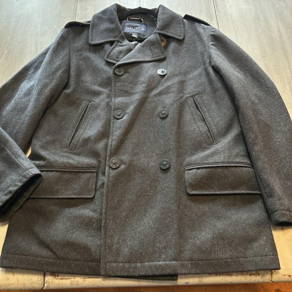 Nautica Charcoal Gray Double Breasted Wool Blend Pea Coat Mens L Preppy Classic